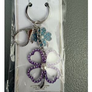 Rhinestone Clover Bag Charm Purple Silver Keychain Lucky Charm